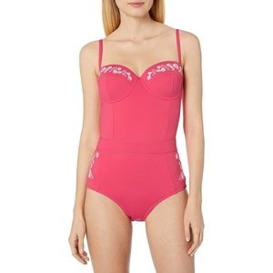 Johnny Was Pink and White Embroidered One-Piece Swimsuit